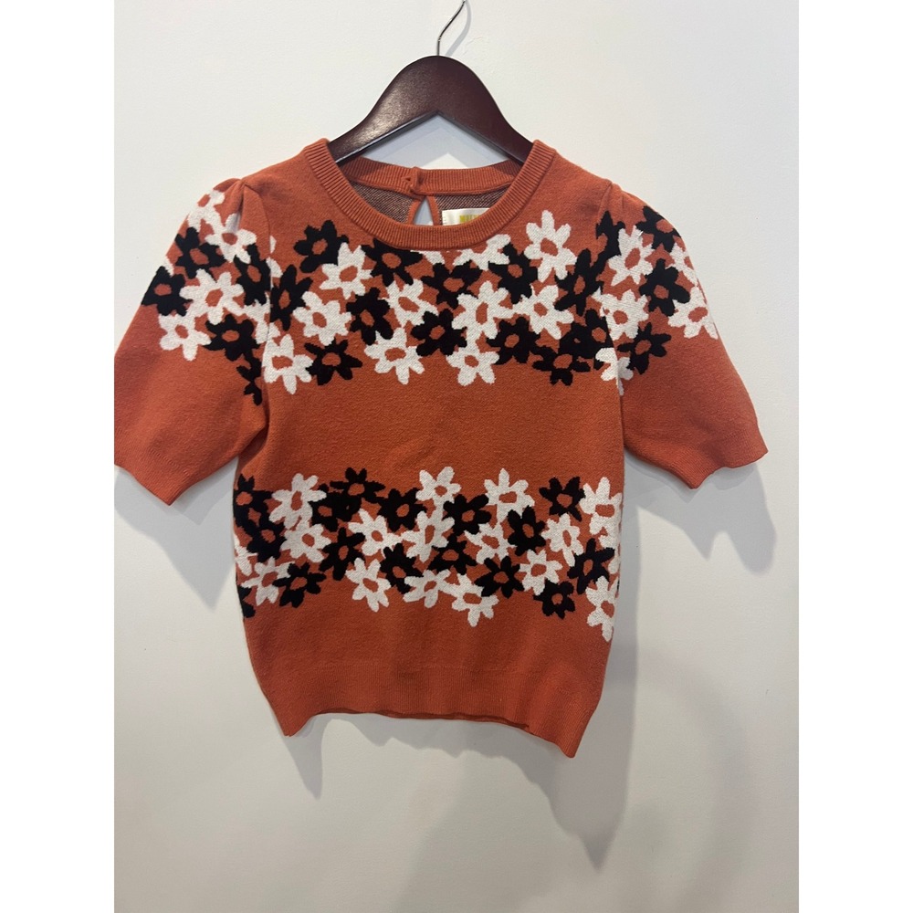Maeve Rust Floral Crewneck Sweater with Black & White Flowers